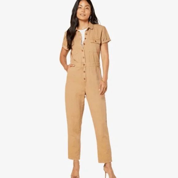 Outerknown S.E.A. Tan Sand Cotton Linen Jumpsuit Short Sleeve Medium - Picture 11 of 14